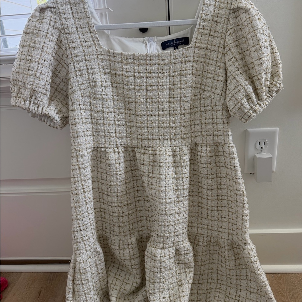 Simply Southern Cream Tweed Puff Sleeve Dress